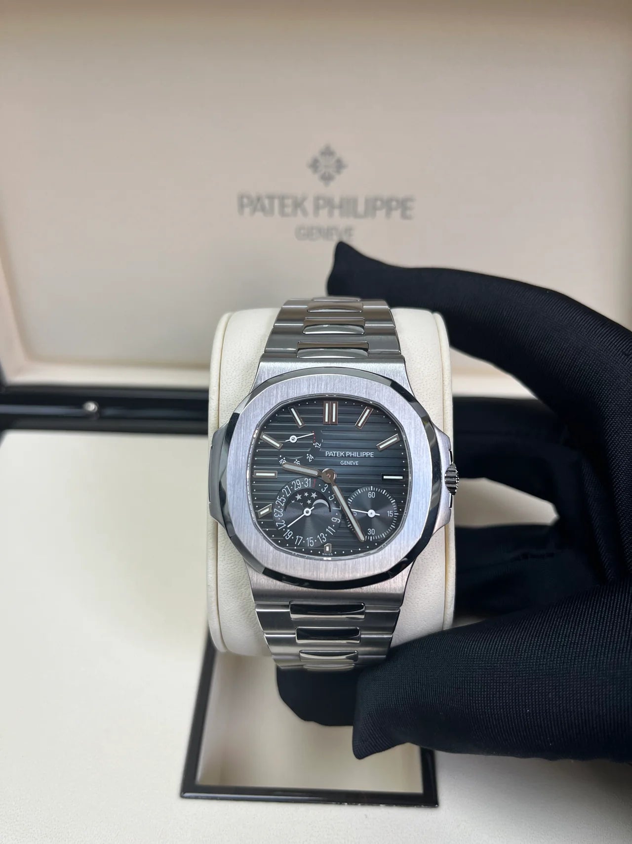Patek Philippe Nautilus Moon Phase Stainless Steel/ Blue Date Dia Replica